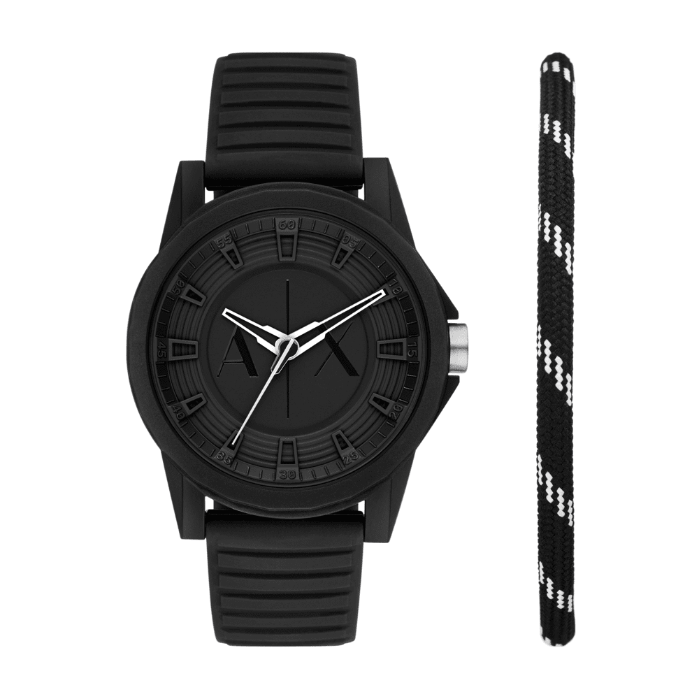 Armani Exchange Three-Hand Black Silicone Watch and Bracelet Set AX7159SET Watches Armani Exchange 