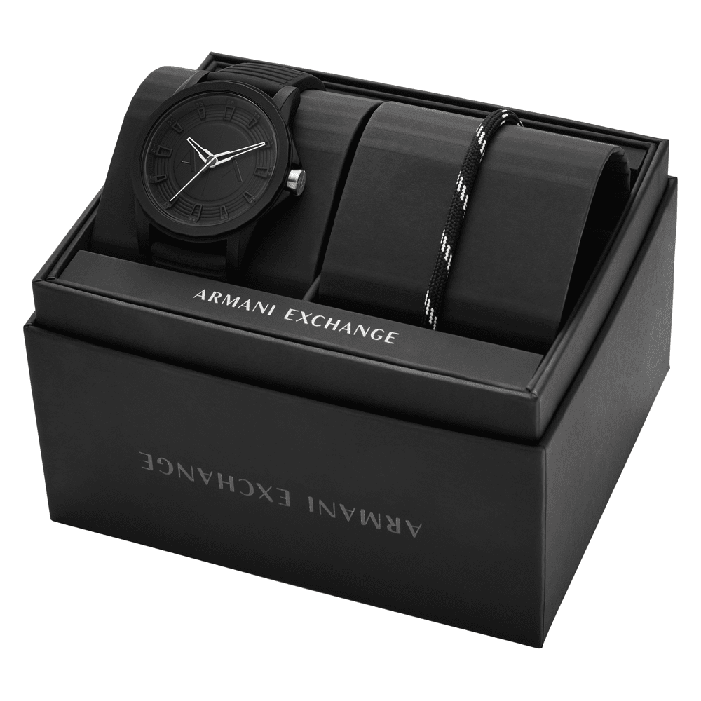 Armani Exchange Three-Hand Black Silicone Watch and Bracelet Set AX7159SET Watches Armani Exchange 