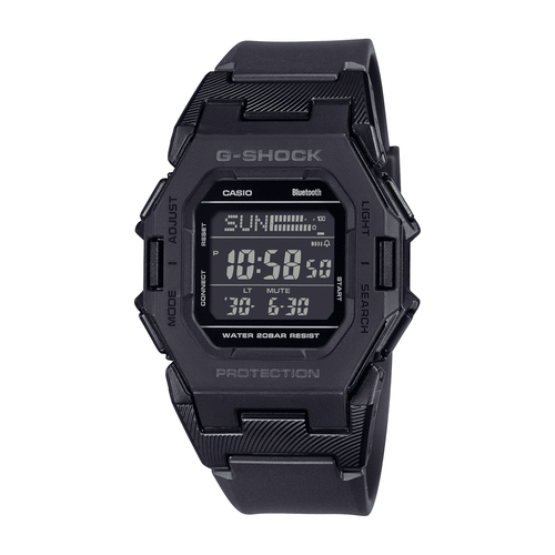 Casio G Shock Digital Square Bluetooth Steps Dual Time 200M Water Resistant Black Face And Resin Band GDB500-1D Watches Bevilles Jewellers 