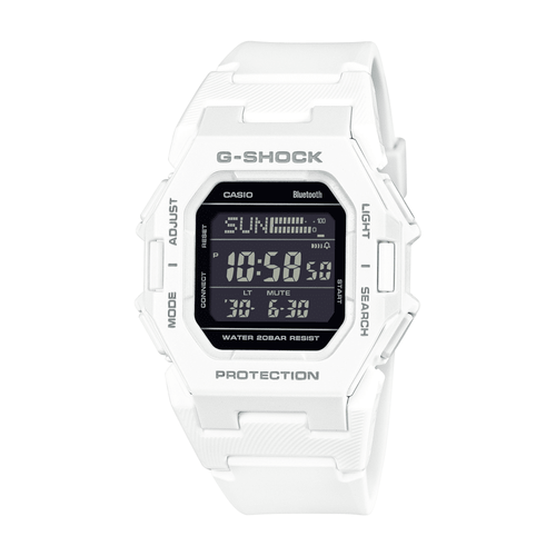 Casio G Shock Digital Square Bluetooth Steps Dual Time 200M Water Resistant Black Face White Resin Band GDB500-7D Bevilles Jewellers 