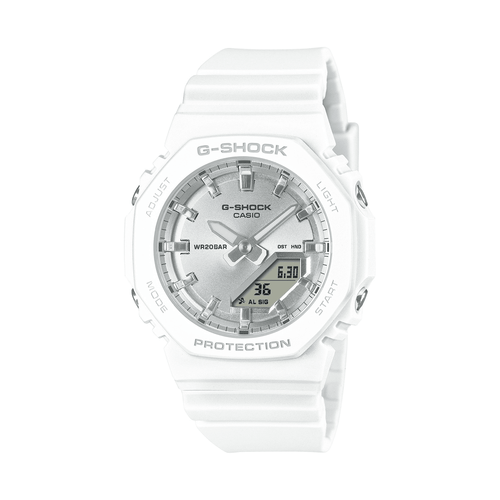 Casio G Shock Mid Duo Island Vaca S/Watch Alarm 200MSilver Face White Resin Band GMAP2100VA-7A Bevilles Jewellers 