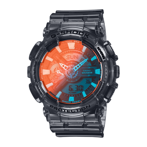 Casio G Shock Duo Beach Time Lapse Stopwatch World Time Alarm 200M Water Resistant Red/Blue Face Blk Trsprt Resin GA110TLS-8A Watches Casio 