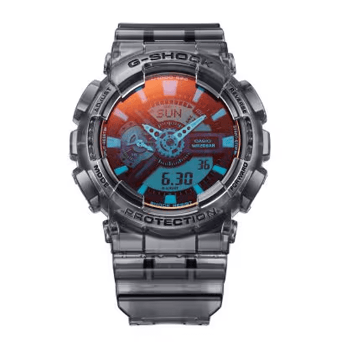 Casio G Shock Duo Beach Time Lapse Stopwatch World Time Alarm 200M Water Resistant Red/Blue Face Blk Trsprt Resin GA110TLS-8A Watches Casio 