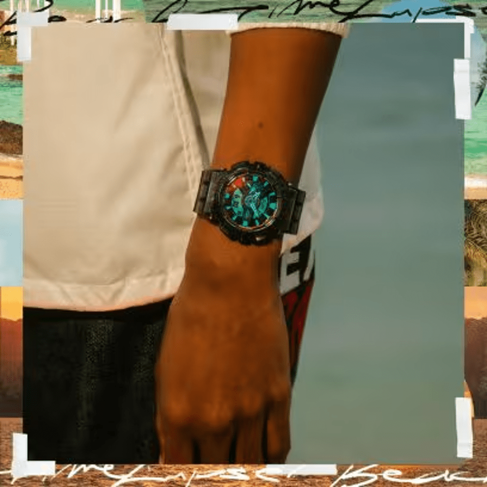 Casio G Shock Duo Beach Time Lapse Stopwatch World Time Alarm 200M Water Resistant Red/Blue Face Blk Trsprt Resin GA110TLS-8A Watches Casio 
