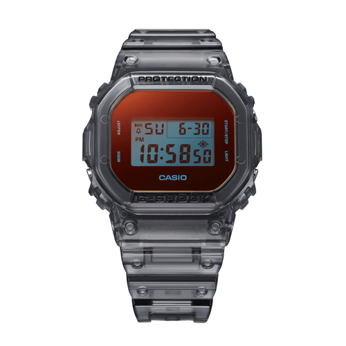Casio G Shock Dig Beach Time Lapse Stopwatch Alarm 200M Water Resistant Red/Blue Face Blk Trsprt Resin DW5600TLS-8D Bevilles Jewellers 