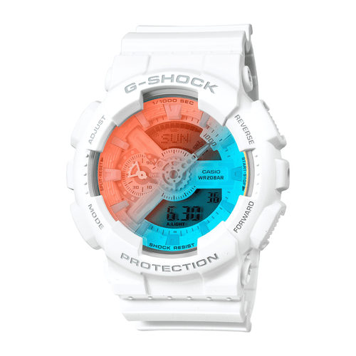 Casio G Shock Duo Beach Time Lapse Stopwatch World Time Alarm 200M Water Resistant Blue/Pink Face White Resin Band GA110TL-7A Bevilles Jewellers 