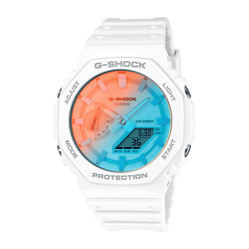 Casio G Shock Duo Beach Time Lapses Stopwatch World Time Alarm 200M Water Resistant Blue/Pink Face White Resin Band GA2100TL-7A Bevilles Jewellers 