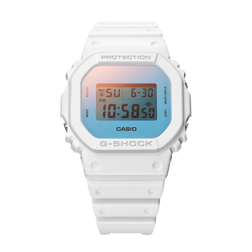 Casio G Shock Dig Beach Time Lapse Stopwatch Alarm 200M Water Resistant Blue/Pink Face White Resin Band DW5600TL-7D Bevilles Jewellers 