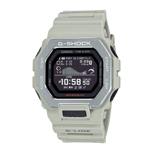 Casio G Shock G-Lide Natural Surf Bluetooth Training World Time 200M Water Resistant Black Face Cream Resin Band GBX100-8D Bevilles Jewellers 