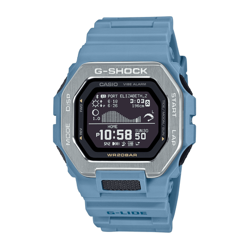 Casio G Shock G-Lide Natural Surf Bluetooth Training World Time 200M Water Resistant Black Face Blue Resin Band GBX100-2A Bevilles Jewellers 