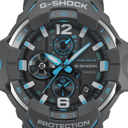 Casio G Shock Mog Gravity Master Solar Bluetooth Dual Stopwatch 200M Water Resistant Black W/ Blue Accent el Resin GRB300-8A2 Bevilles Jewellers 