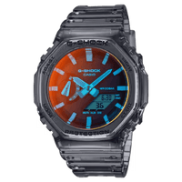 Casio G Shock Duo Beach Time Lapse Stopwatch World Time Alarm 200M Water Resistant Red/Blue Face Blk Trsprt Resin GA2100TLS-8A Watches Casio 