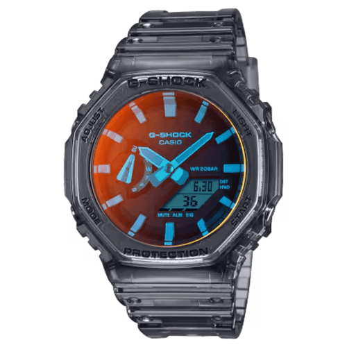 Casio G Shock Duo Beach Time Lapse Stopwatch World Time Alarm 200M Water Resistant Red/Blue Face Blk Trsprt Resin GA2100TLS-8A Watches Casio 
