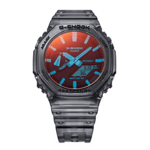 Casio G Shock Duo Beach Time Lapse Stopwatch World Time Alarm 200M Water Resistant Red/Blue Face Blk Trsprt Resin GA2100TLS-8A Watches Casio 