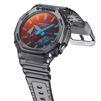 Casio G Shock Duo Beach Time Lapse Stopwatch World Time Alarm 200M Water Resistant Red/Blue Face Blk Trsprt Resin GA2100TLS-8A Watches Casio 