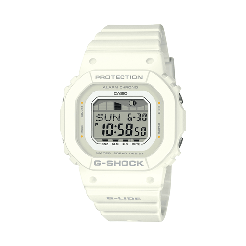 Casio G-Lide Mid Dig Natural Surf Led Moon Tide World Time 200M Water Resistant White Face And Resin Band GLXS5600-7B Bevilles Jewellers 