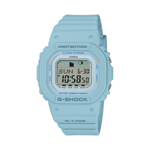 Casio G-Lide Mid Dig Natural Surf Led Moon Tide World Time 200M Water Resistant Blue Face And Resin Band GLXS5600-2D Bevilles Jewellers 