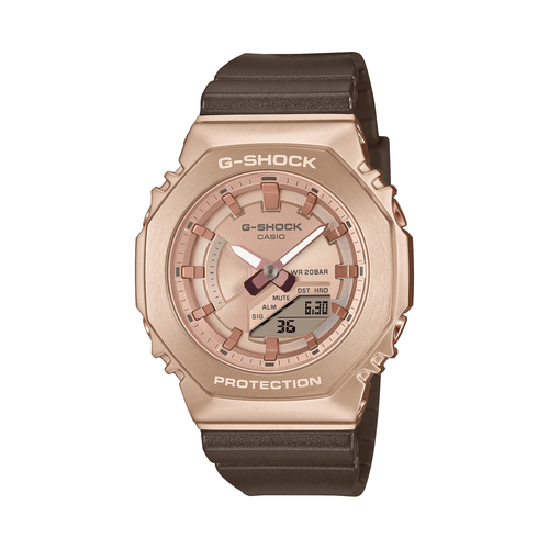 Casio G Shock Mid Duo Peach Gold World Time Stopwatch Alarm 200M Water Resistant R/Gold Face Brown Resin Band GMS2100CB-5A Bevilles Jewellers 