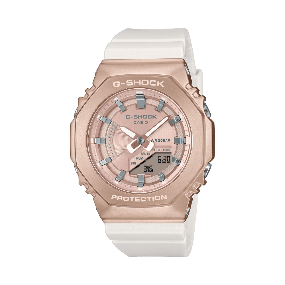 Casio G Shock Mid Duo Peach Gold World Time Stopwatch Alarm 200M Water Resistant R/Gold Face White Resin Band GMS2100CW-7A Watches Casio 