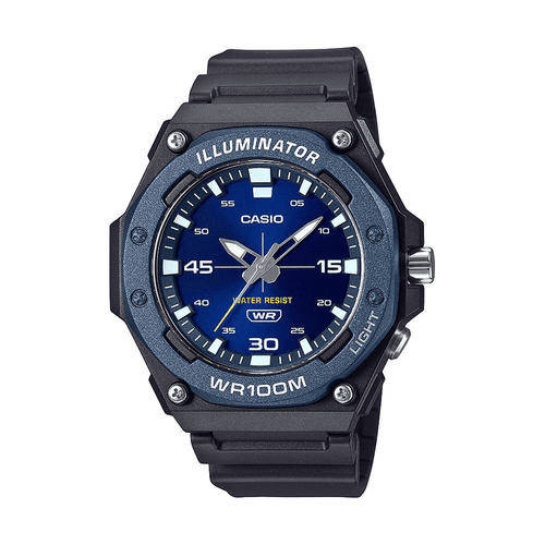 Casio Ana Heavy Duty Led Light 100M Water Resistant Water Resistant Blue Face Black Resin Band MW620H-2A Bevilles Jewellers 