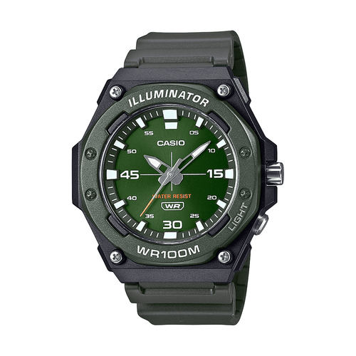 Casio Ana Heavy Duty Led Light 100M Water Resistant Water Resistant Green Face Black Resin Band MW620H-3A Bevilles Jewellers 