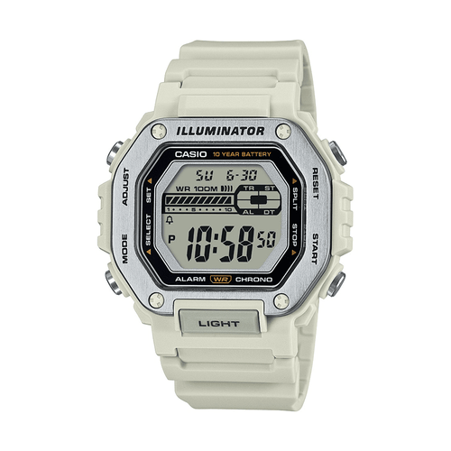 Casio Digital Gents Led Dual Alarm 100M Water Resistant White Face And Resin Band MWD110H-8A Bevilles Jewellers 