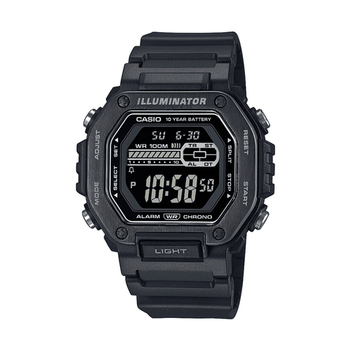 Casio Digital Gents Led Dual Alarm 100M Water Resistant Black Ip Face And Resin Band MWD110HB-1B Bevilles Jewellers 
