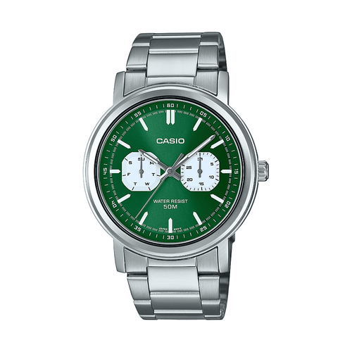 Casio Analogue Day-Date Dial 50M Water Resistant Green Face Stainless Steel Band MTPE335D-3E Bevilles Jewellers 