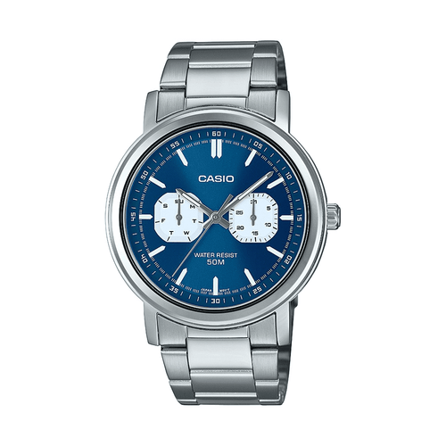 Casio Analogue Day-Date Dial 50M Water Resistant Blue Face Stainless Steel Band MTPE335D-2E1 Bevilles Jewellers 