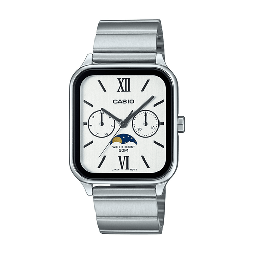 Casio Analogue Moon Phase 50M Water Resistant White & Black Face Stainless Steel Band MTPM305D-7A2 Bevilles Jewellers 