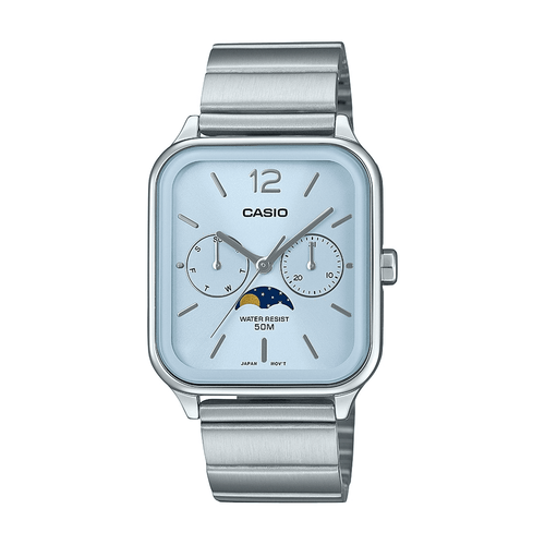 Casio Analogue Moon Phase 50M Water Resistant Pale Blue Face Stainless Steel Band MTPM305D-2A Bevilles Jewellers 