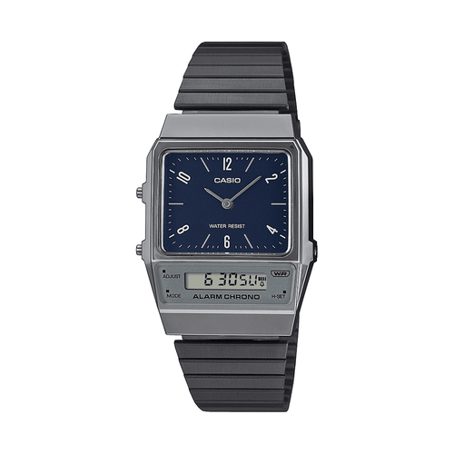 Casio Duo Retro Colour Dual Time Alarm StopwatchBlack Face Black Ip Stainless Steel Band AQ800EB-2A Bevilles Jewellers 