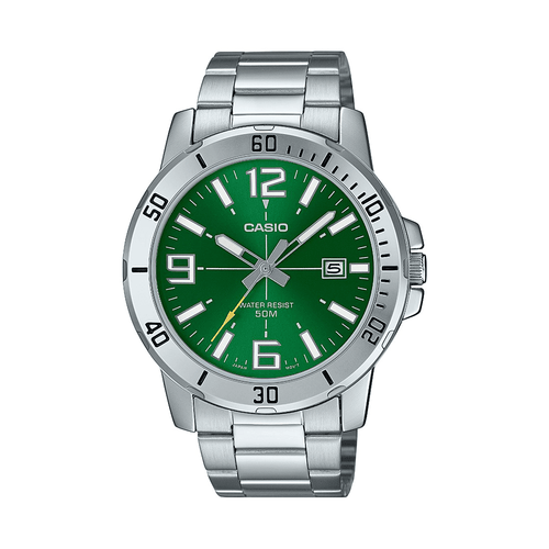 Casio Gent Analogue 50M Water Resistant Green Face Stainless Steel Band MTPVD01D-3B Bevilles Jewellers 