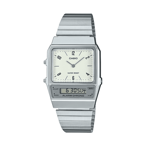 Casio Duo Retro Colour Dual Time Alarm StopwatchWhite Face Stainless Steel Band AQ800E-7A2 Bevilles Jewellers 