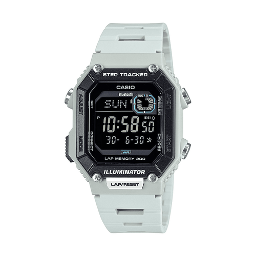 Casio Connect Digital Bluetooth Steps Dual Time Stopwatch 200M Water Resistant White Case And Resin Band WSB1000-8B Bevilles Jewellers 