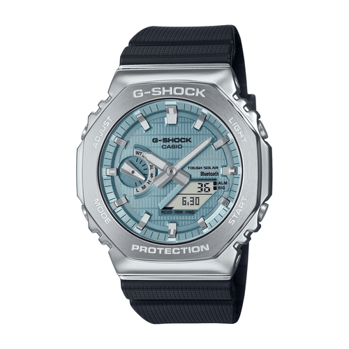 Casio G Shock Duo Metal Covered Solar Bluetooth Worldtime Stopwatch 200M Water Resistant Blue Face And Black Resin Band GBM2100A-1A2 Bevilles Jewellers 
