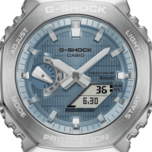 Casio G Shock Duo Metal Covered Solar Bluetooth Worldtime Stopwatch 200M Water Resistant Blue Face And Black Resin Band GBM2100A-1A2 Bevilles Jewellers 