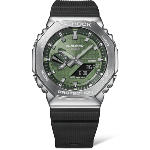 Casio G Shock Duo Metal Covered Solar Bluetooth Worldtime Stopwatch 200M Water Resistant Green Face And Black Resin Band GBM2100A-1A3 Bevilles Jewellers 