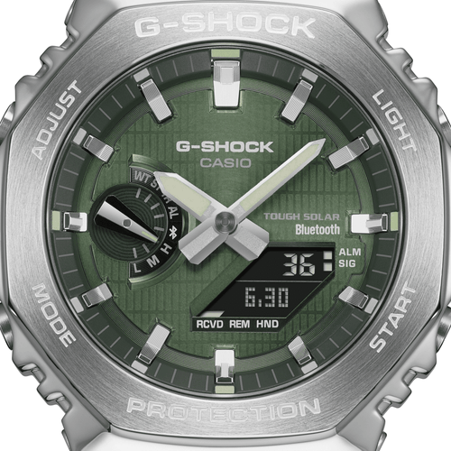 Casio G Shock Duo Metal Covered Solar Bluetooth Worldtime Stopwatch 200M Water Resistant Green Face And Black Resin Band GBM2100A-1A3 Bevilles Jewellers 