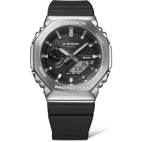 Casio G Shock Duo Metal Covered Solar Bluetooth Worldtime Stopwatch 200M Water Resistant Black Face And Black Resin Band GBM2100-1A Bevilles Jewellers 