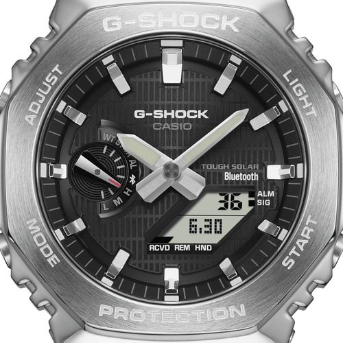 Casio G Shock Duo Metal Covered Solar Bluetooth Worldtime Stopwatch 200M Water Resistant Black Face And Black Resin Band GBM2100-1A Bevilles Jewellers 