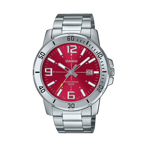 Casio Gent Analogue 50M Water Resistant Red Face Stainless Steel Band MTPVD01D-4B Bevilles Jewellers 