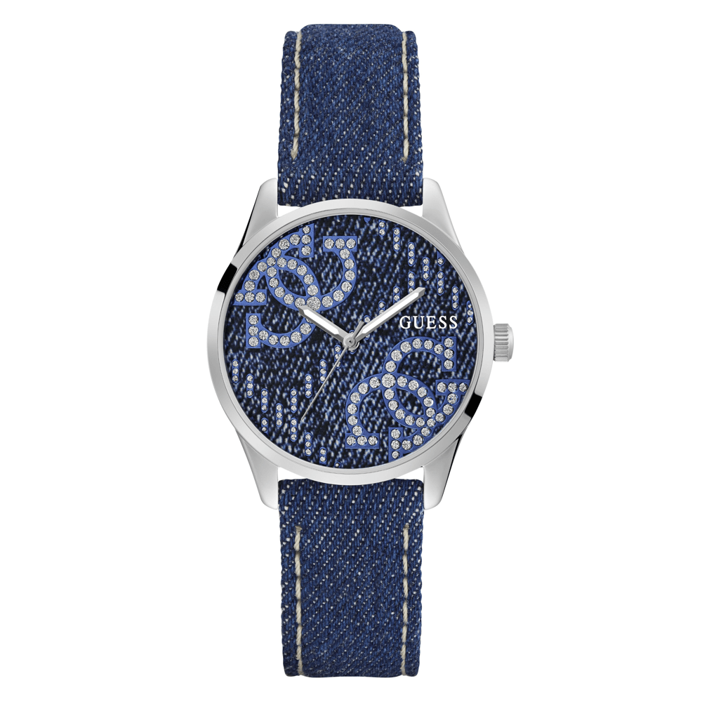 Guess Trend G Stitch Trend Silver-Tone Blue Denim Strap Women's