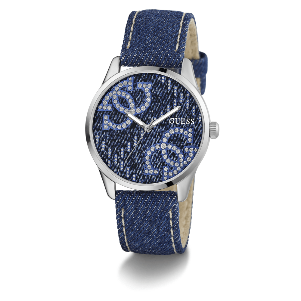 Guess Trend G Stitch Trend Silver-Tone Blue Denim Strap Women's