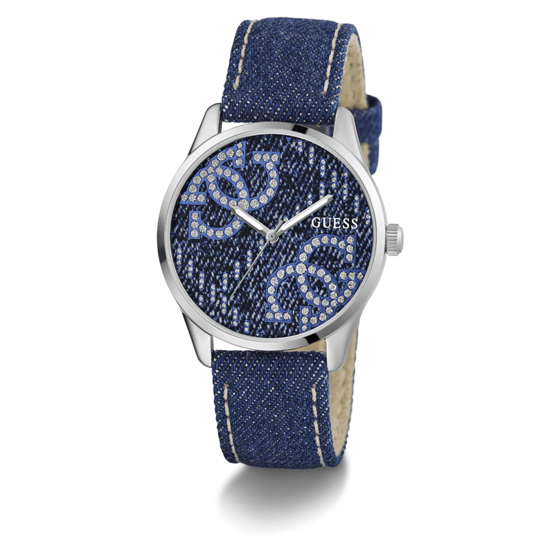 Guess Trend G Stitch Trend Silver-Tone Blue Denim Strap Women's' Watch GW0755L1 Watches Bevilles Jewellers 