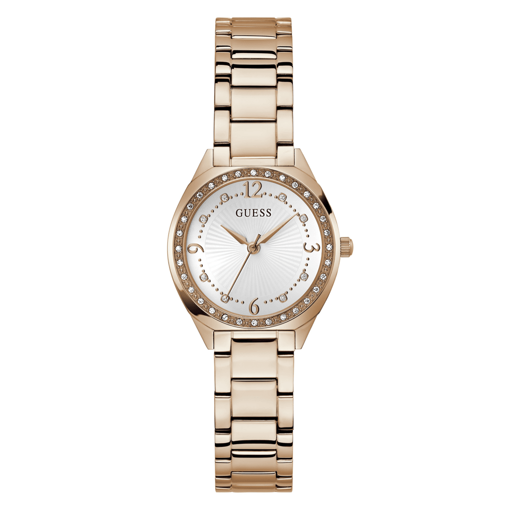 Guess Dress Charlotte Dress Rose Gold-Tone Crystal Bezel Women's Watch GW0767L3 Watches Bevilles Jewellers 