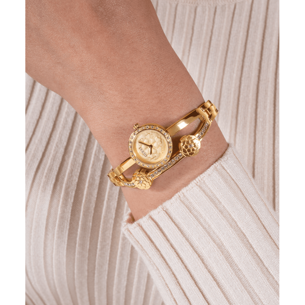 Guess Bejeweled Chloe Bejeweled Gold-Tone Floral Bangle Women's Watch GW0756L2 Watches Bevilles Jewellers 