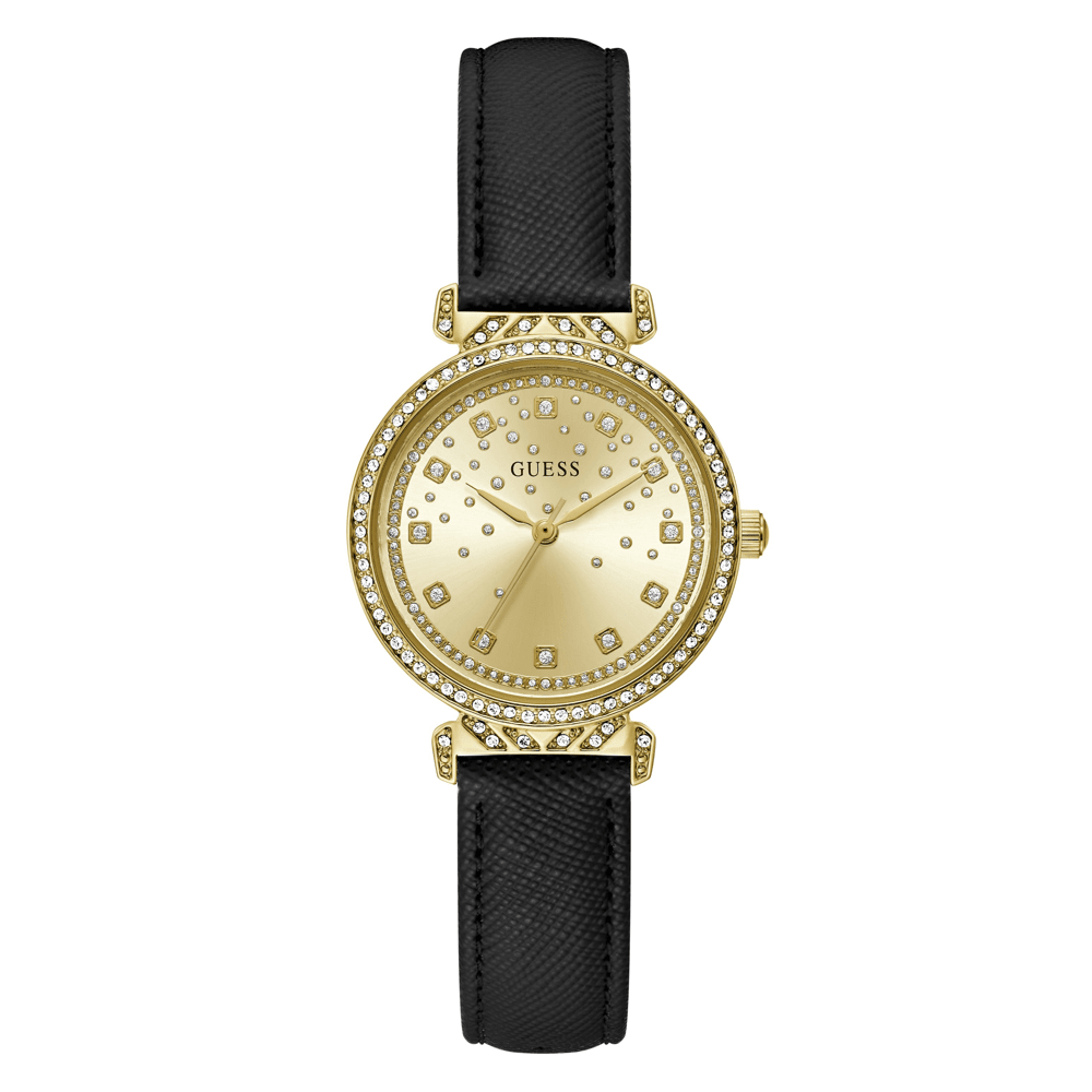 Guess Bejeweled Enchantment Bejeweled Gold-Tone Black Leather Women's Watch GW0764L2 Watches Bevilles Jewellers 