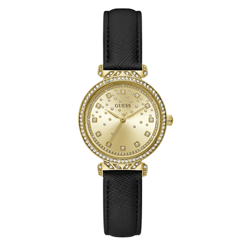 Guess Bejeweled Enchantment Bejeweled Gold-Tone Black Leather Women's Watch GW0764L2 Watches Bevilles Jewellers 