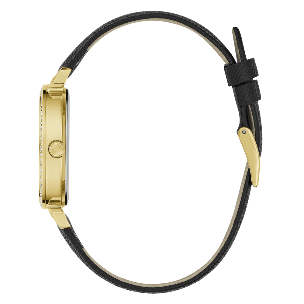 Guess Bejeweled Enchantment Bejeweled Gold-Tone Black Leather Women's Watch GW0764L2 Watches Bevilles Jewellers 